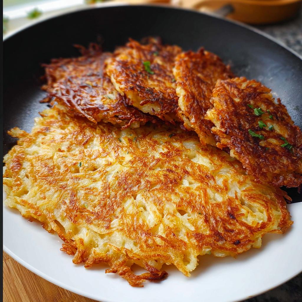 A plate piled high with golden brown, crispy skillet Hash Browns, some stacked on top of a larger one.