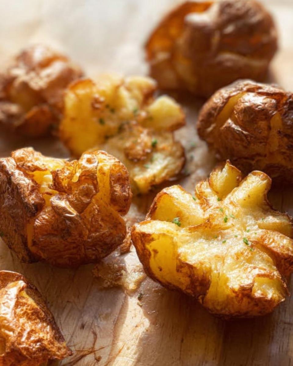 Close-up of golden brown, smashed, and crispy smash potatoes seasoned with herbs on a wooden surface.