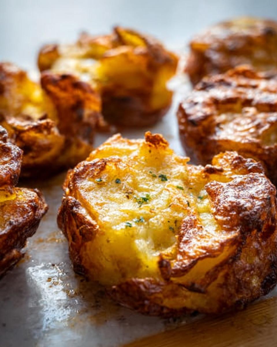 Close-up of several golden brown, perfectly roasted Crispy Smash Potatoes sprinkled with herbs.