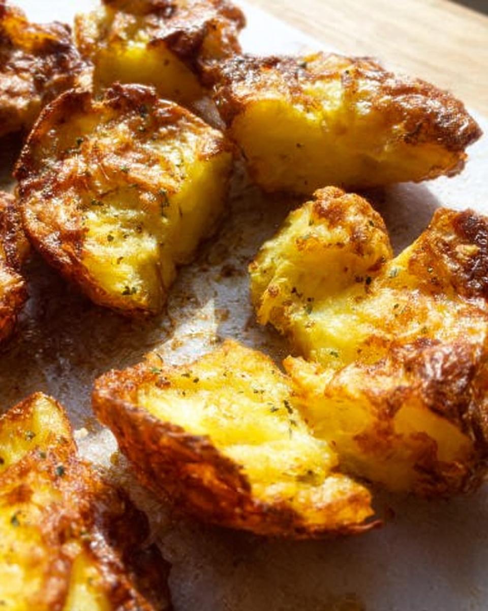 Close-up of golden brown, fluffy Crispy Smash Potatoes seasoned with herbs on parchment paper.