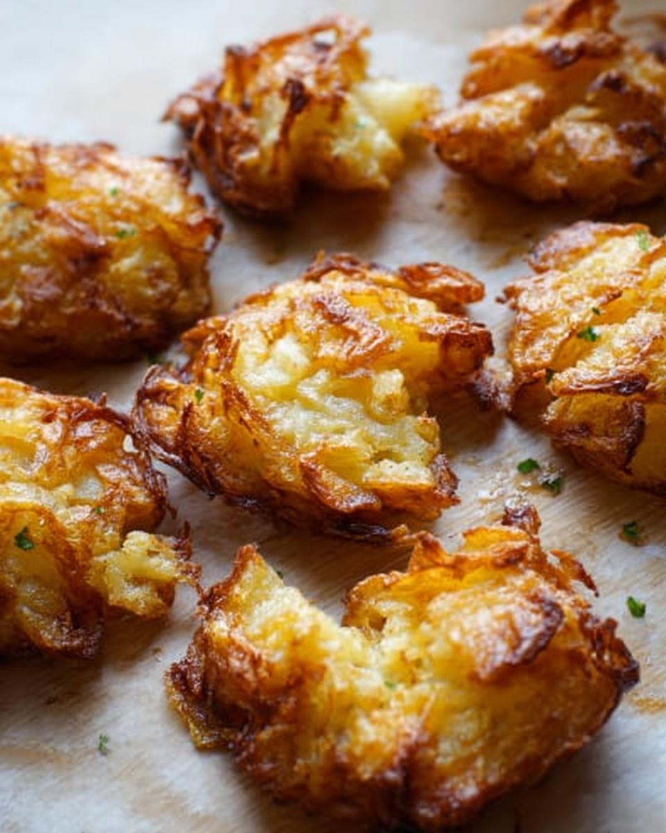 Close-up of several golden brown, deeply textured Crispy Smash Potatoes scattered on parchment paper.