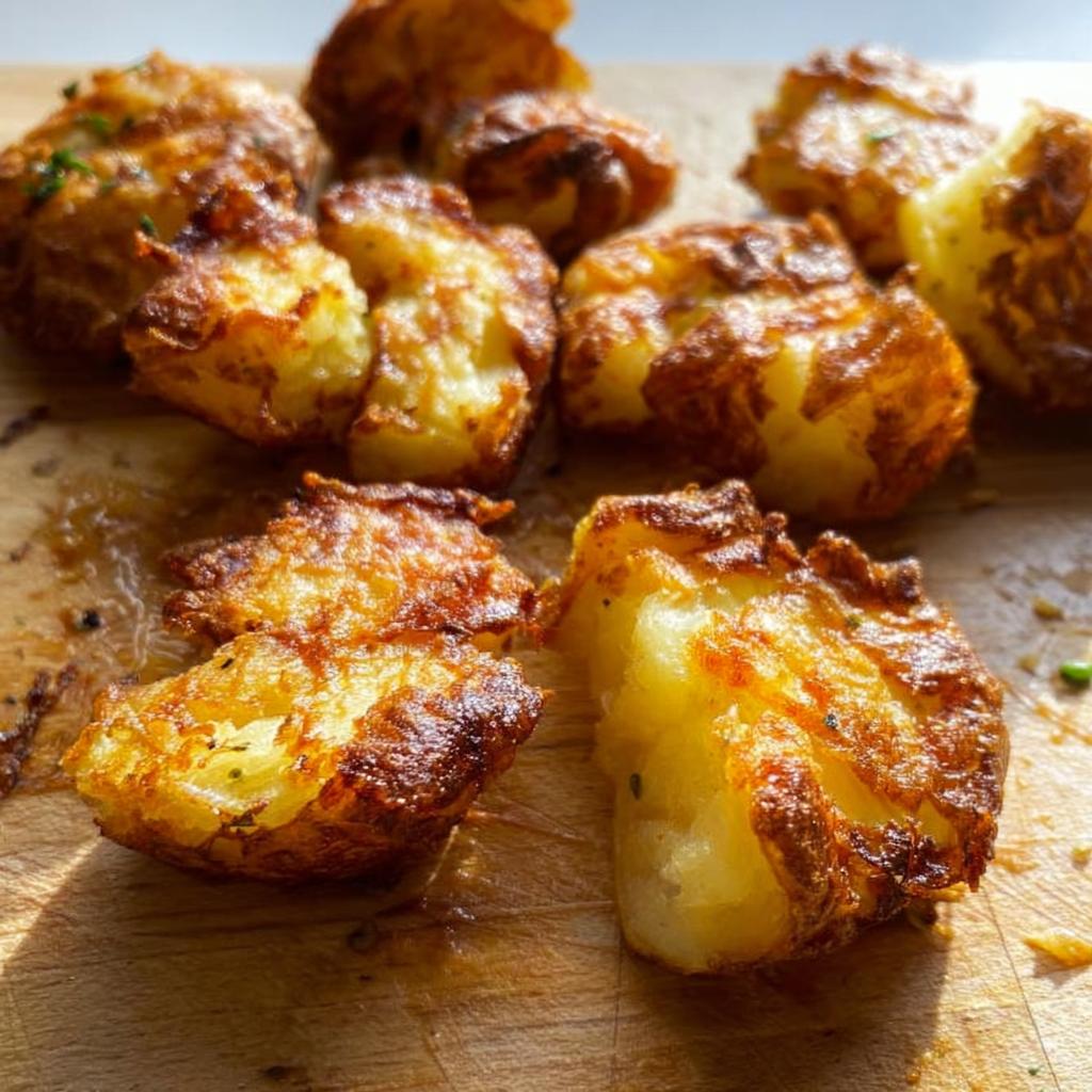 Close-up of perfectly golden and crispy smash potatoes seasoned with herbs on a wooden board.