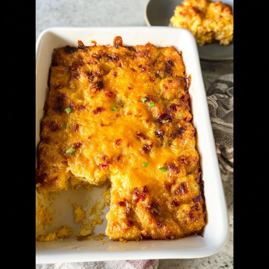 A freshly baked Tater Tot Breakfast Casserole with a crispy, golden-brown cheddar cheese top in a white baking dish.