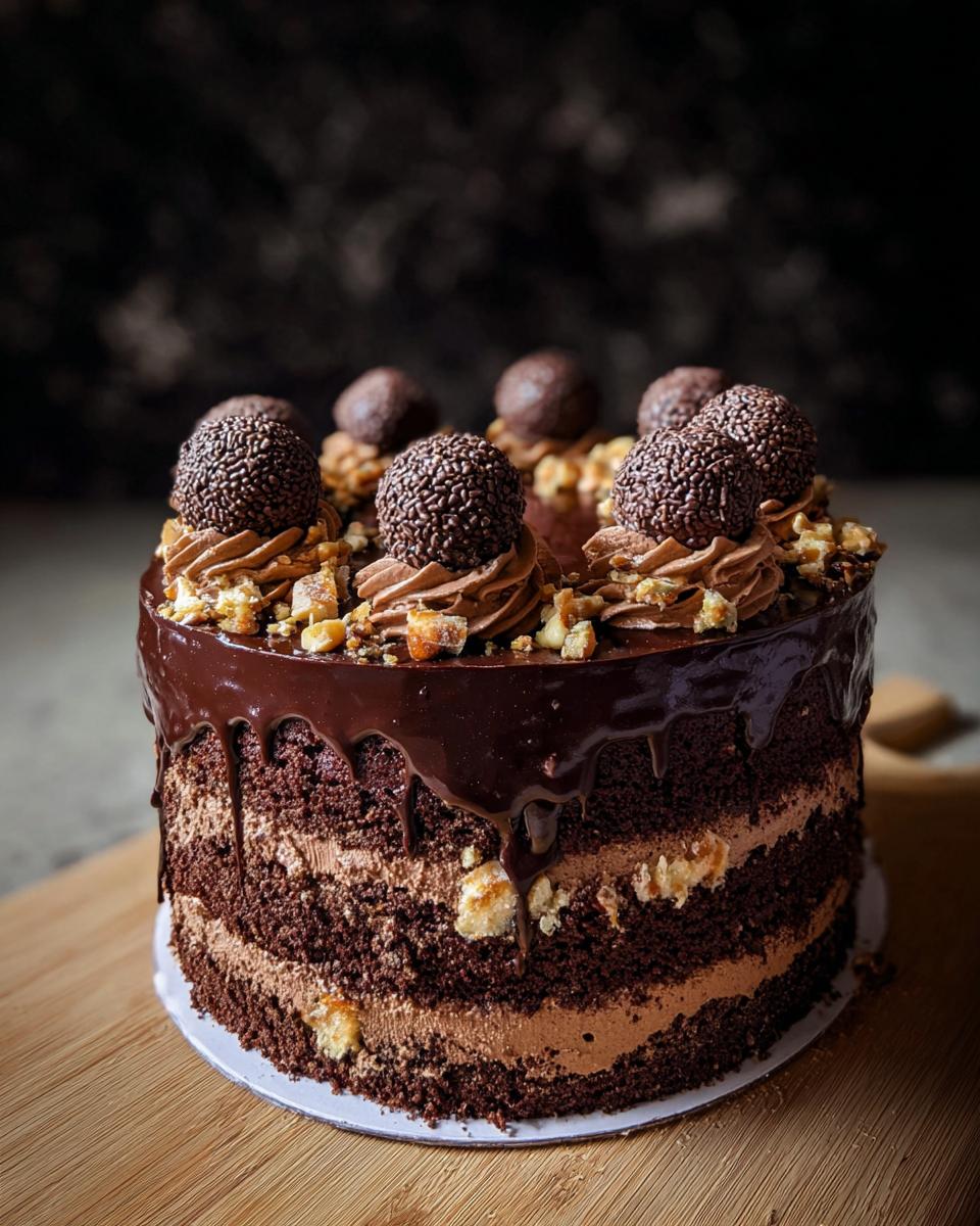A rich, layered Dark Chocolate Truffle Cake featuring chocolate ganache drip and truffle ball toppings.