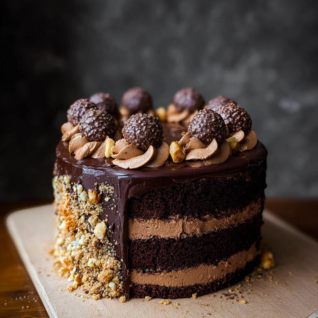 A rich, layered Dark Chocolate Truffle Cake topped with chocolate frosting swirls and hazelnut truffles.