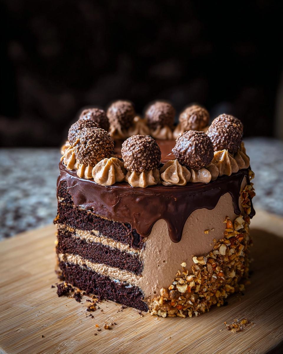 A decadent slice of Dark Chocolate Truffle Cake showing four layers of dark cake and light brown frosting, topped with chocolate ganache and hazelnut truffles.