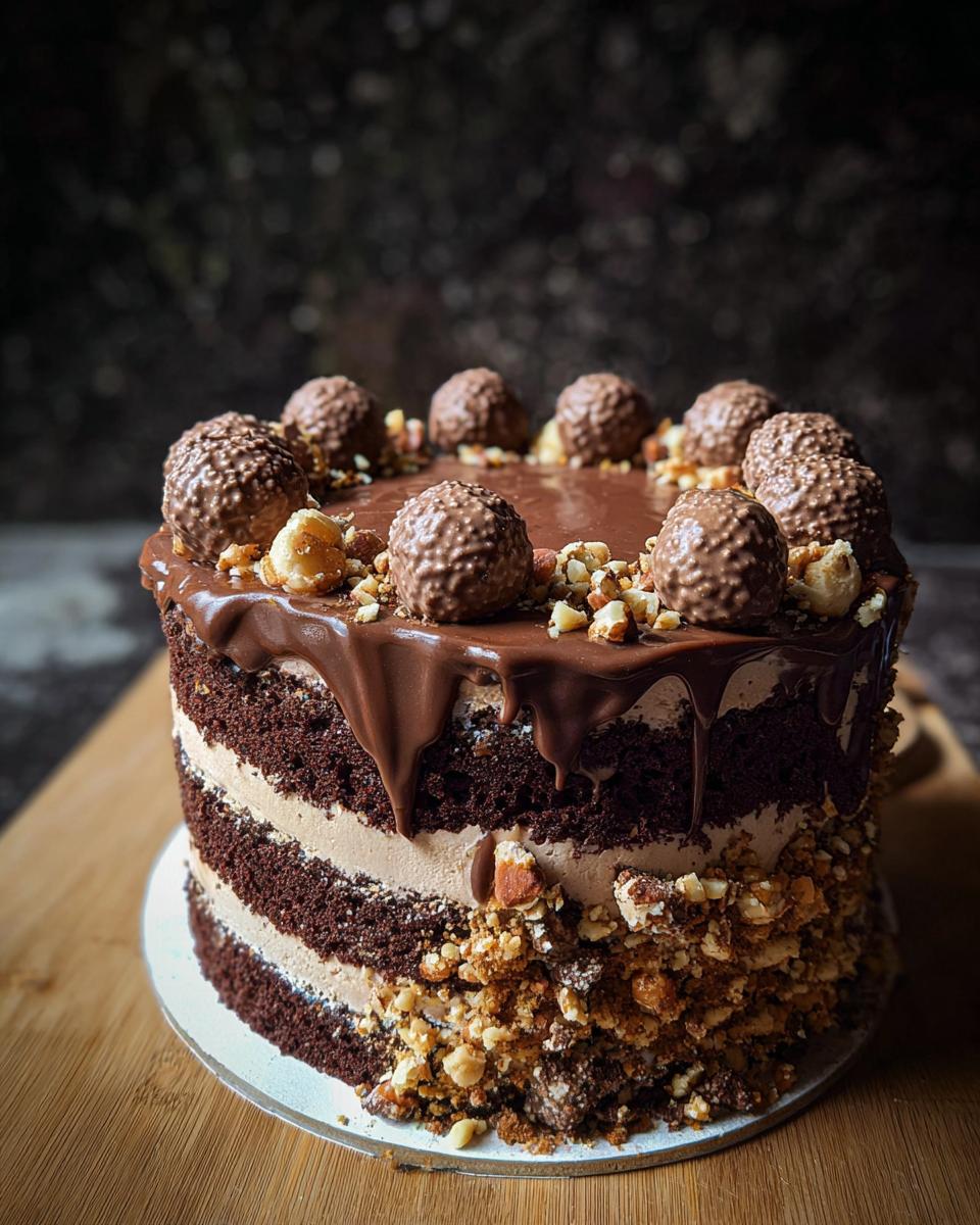 A tall, layered Dark Chocolate Truffle Cake with chocolate ganache drip and topped with chocolate hazelnut balls and chopped nuts.