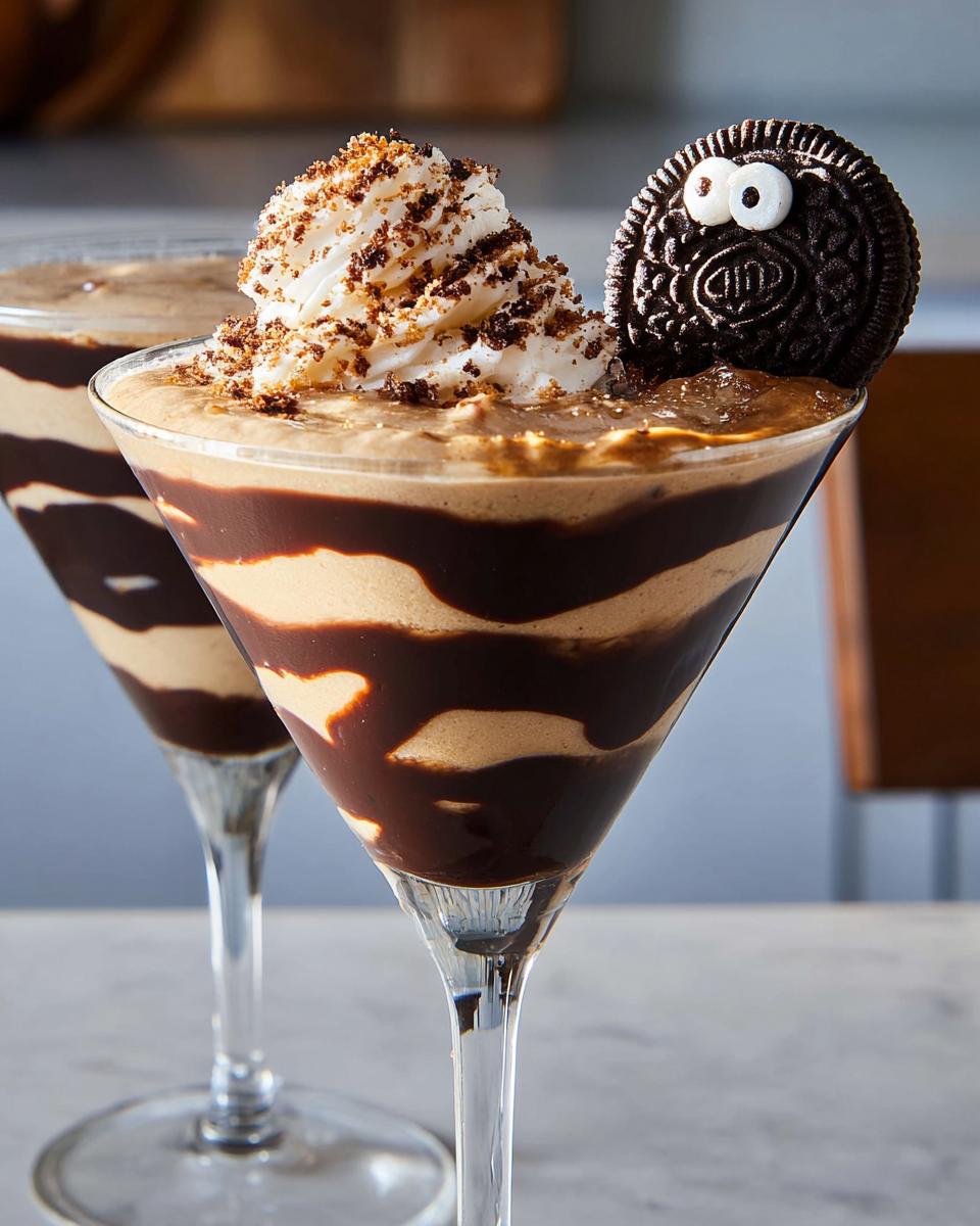 A decadent chocolate dream drink in a martini glass, layered with chocolate sauce and topped with whipped cream and an Oreo cookie.