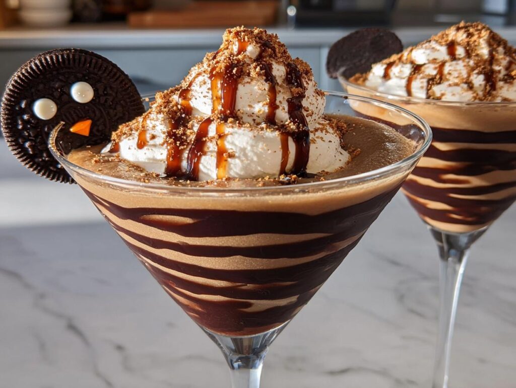 Close-up of a decadent chocolate dream Thanksgiving drink topped with whipped cream, chocolate drizzle, and cookie crumbs.