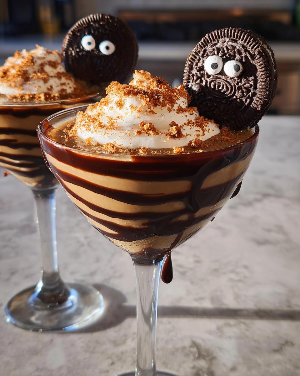 A festive chocolate dream drink for Thanksgiving, topped with whipped cream, cookie crumbs, and a decorated Oreo cookie.