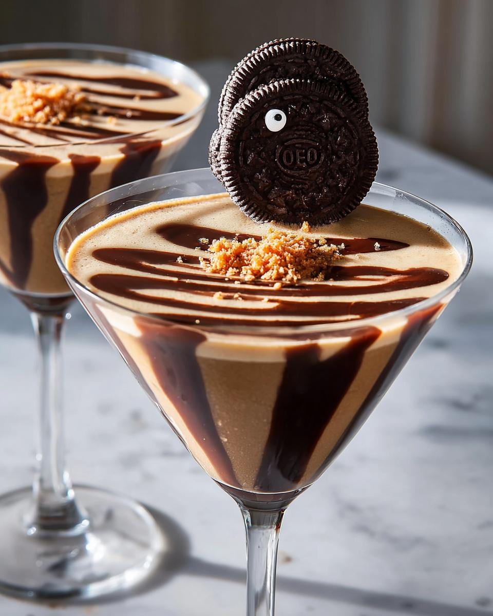 A decadent chocolate dream Thanksgiving drink in a martini glass, drizzled with chocolate and topped with an Oreo cookie.