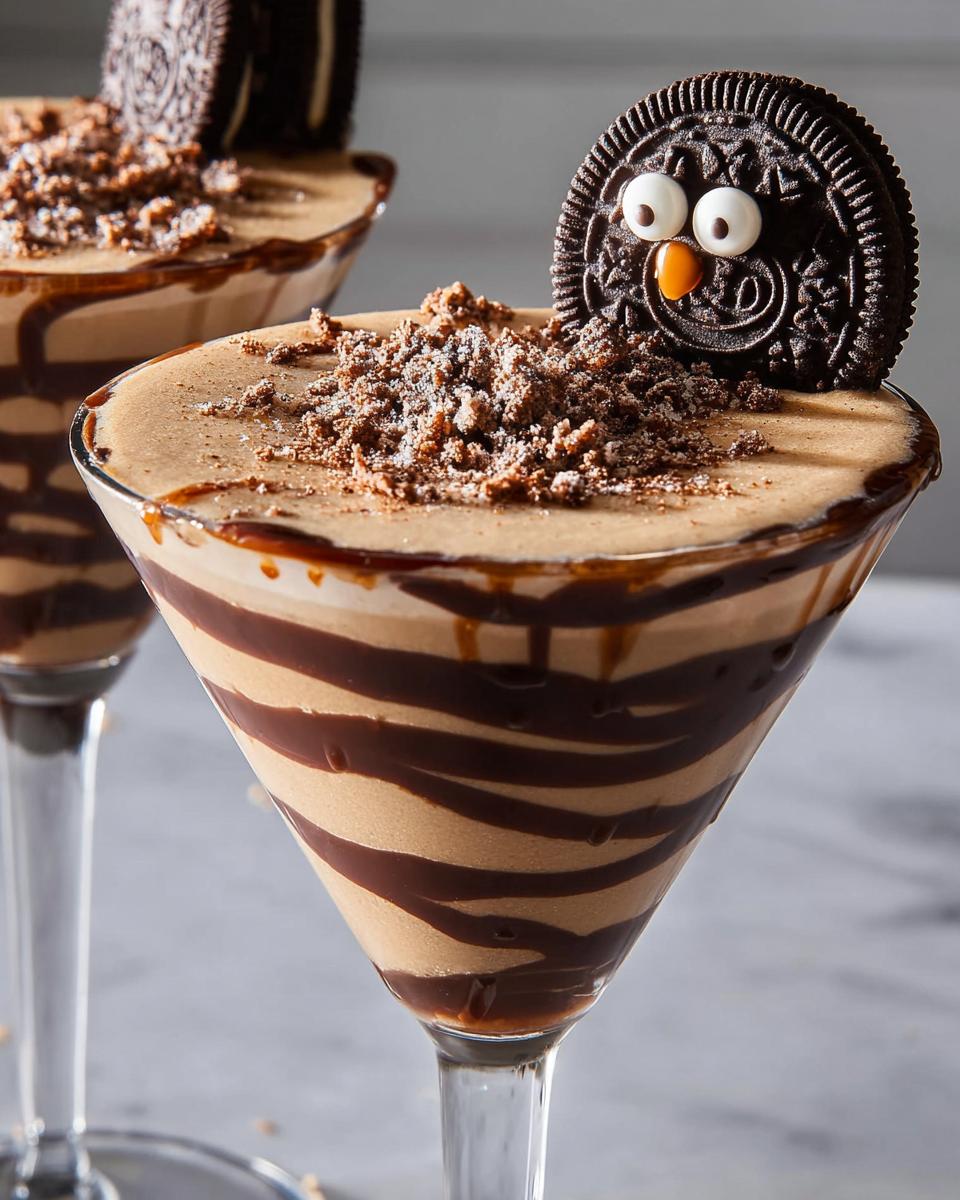 A festive chocolate Thanksgiving drink topped with cookie crumbs and a decorated Oreo cookie.