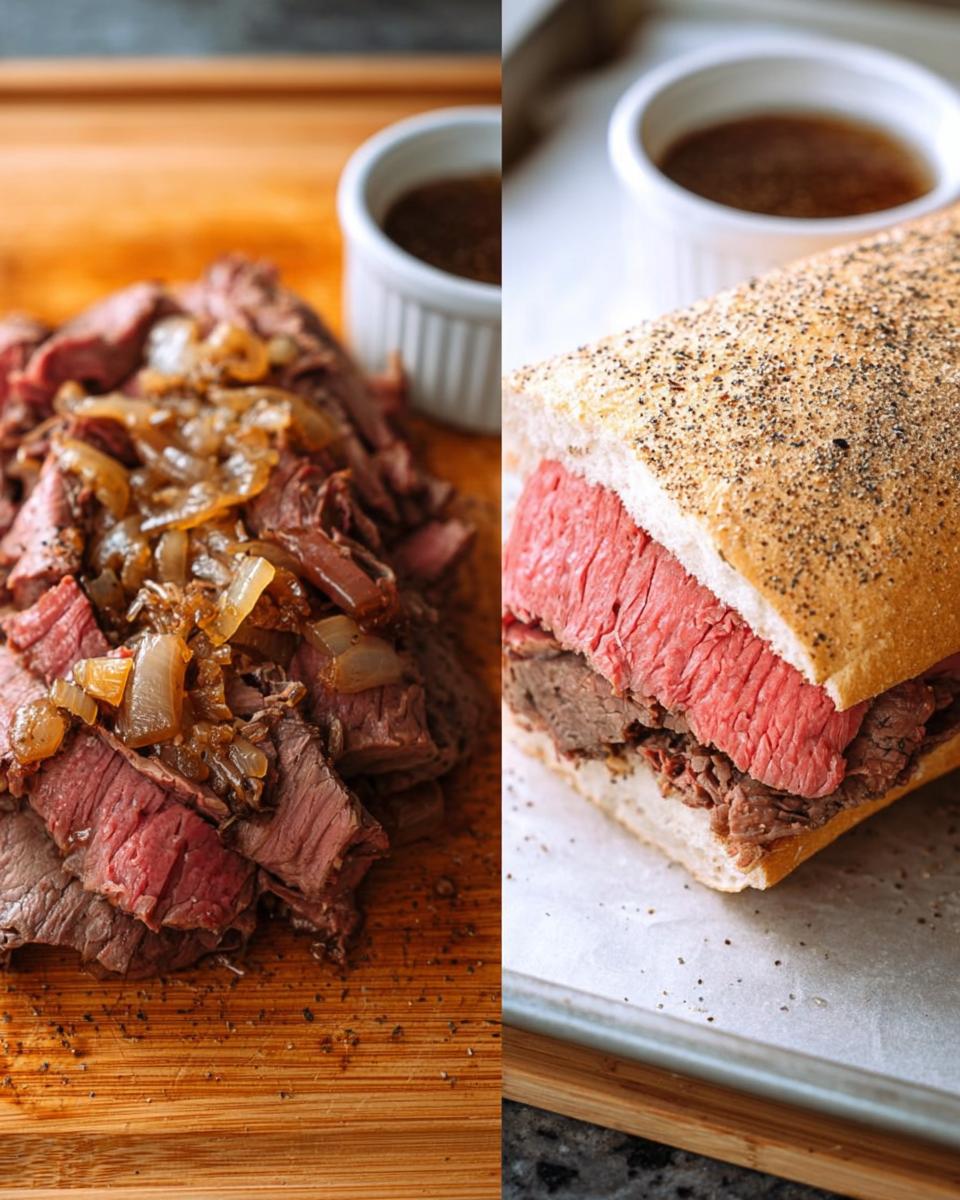 Split image showing sliced roast beef with onions and a French Dip sandwich ready for dipping in delicious Au Jus.