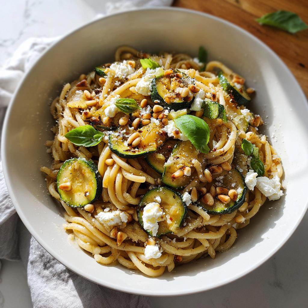 A bowl of spaghetti with sliced zucchini, crumbled feta cheese, and pine nuts, a perfect Dinner Ideas Recipe Everyone Asks For.