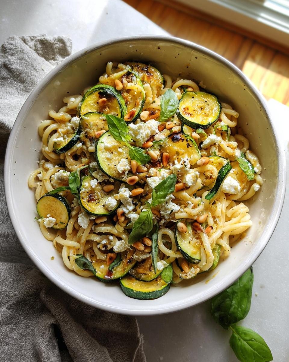 A bowl of pasta with grilled zucchini, feta cheese, pine nuts, and basil, a perfect Dinner Ideas Recipe Everyone Asks For.