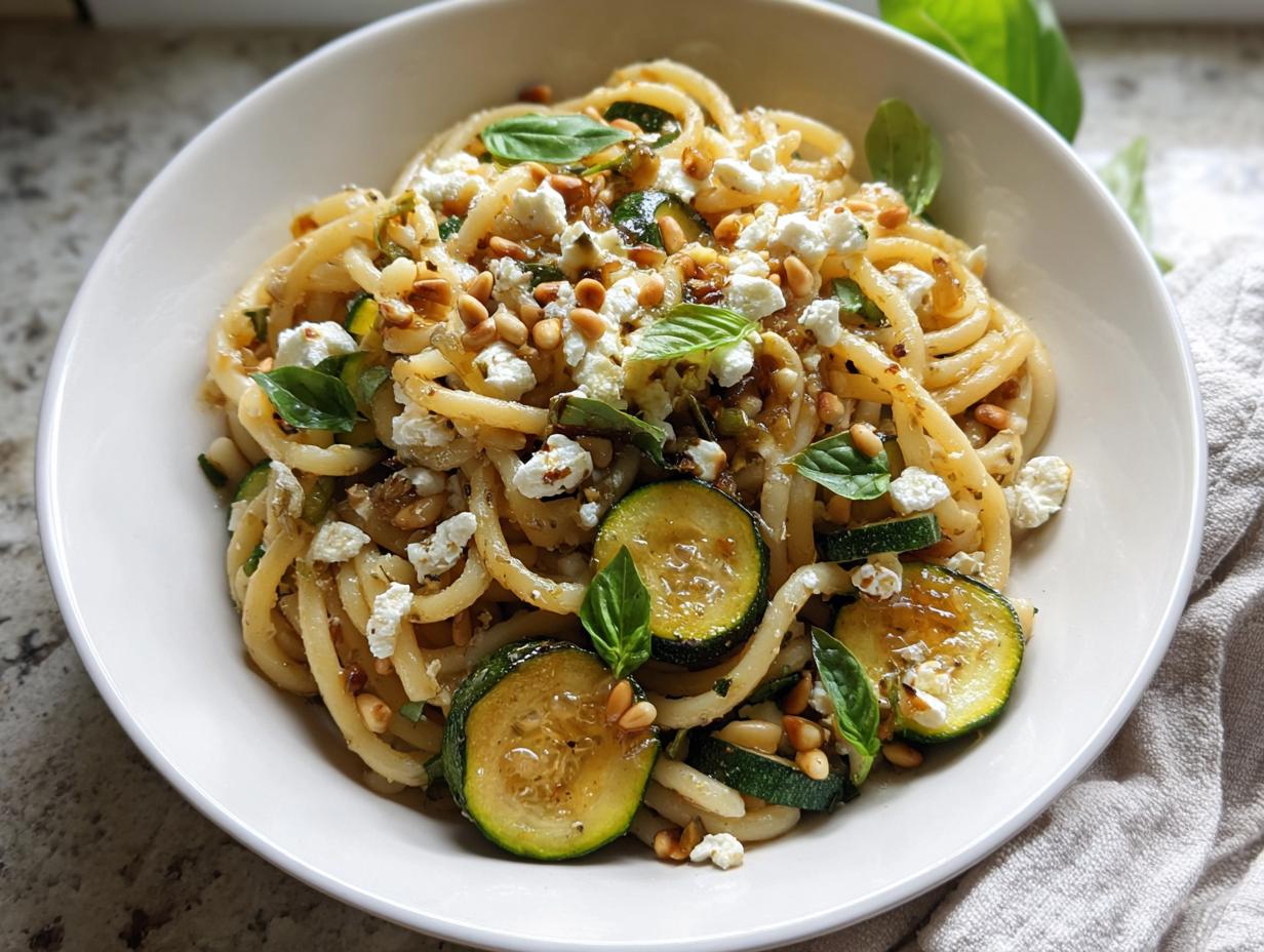 A bowl of pasta with zucchini slices, crumbled feta cheese, pine nuts, and basil, a perfect dinner idea recipe.
