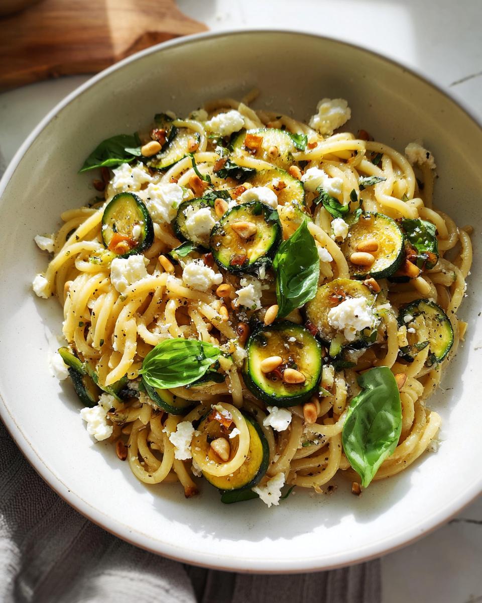 A close-up of a bowl of pasta with sliced zucchini, feta cheese, pine nuts, and basil. A perfect dinner idea.