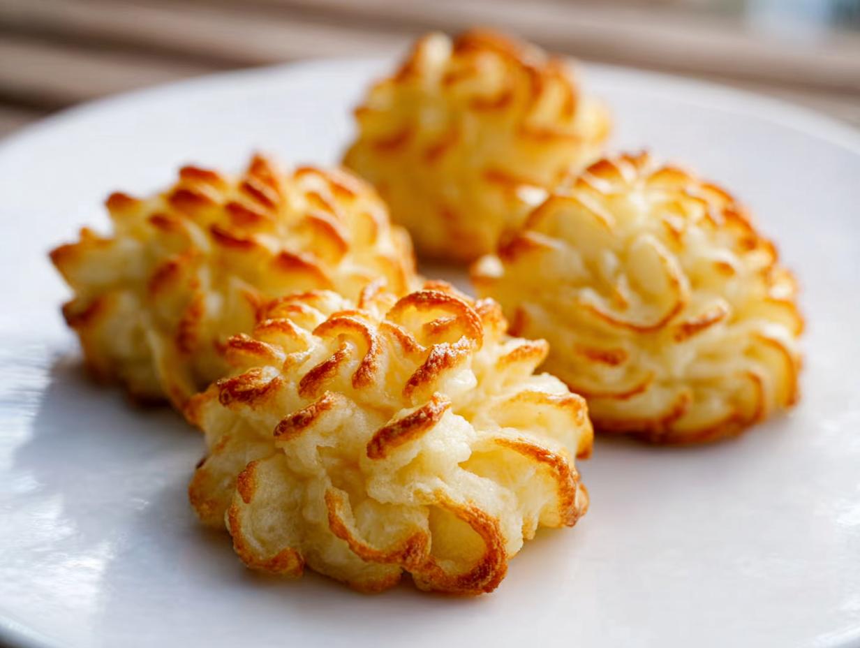 Four perfectly piped and baked Duchess Potatoes with golden brown edges served on a white plate.