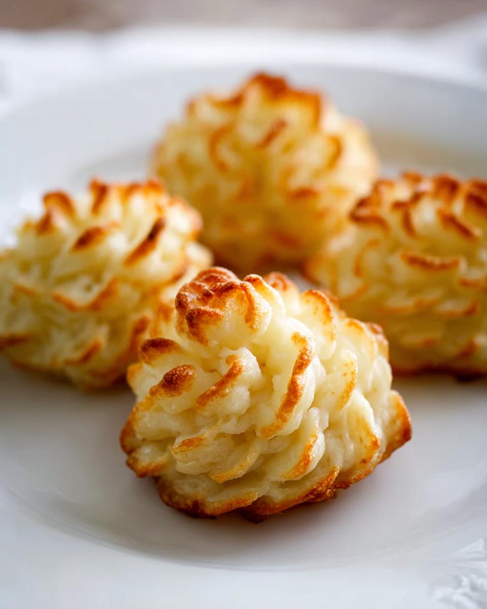 Close-up of four piped and baked Duchess Potatoes with golden brown edges on a white plate.