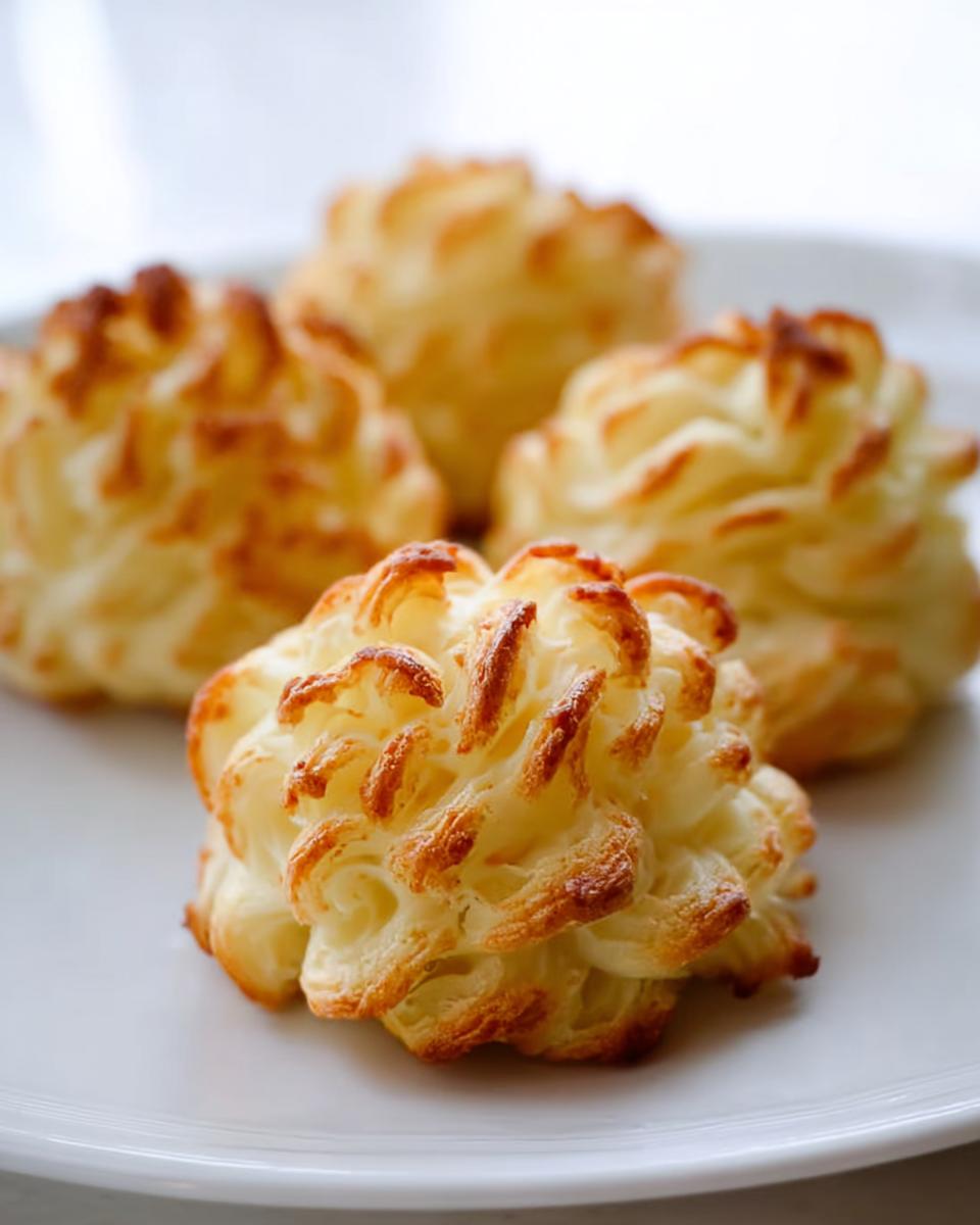Close-up of four piped and baked Duchess Potatoes with golden brown edges on a white plate.