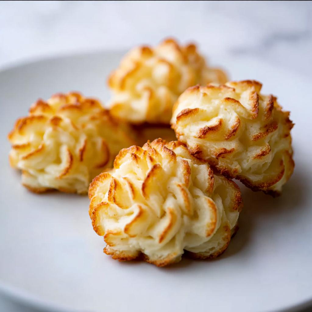 Four perfectly piped and baked Duchess Potatoes with golden brown edges resting on a white plate.