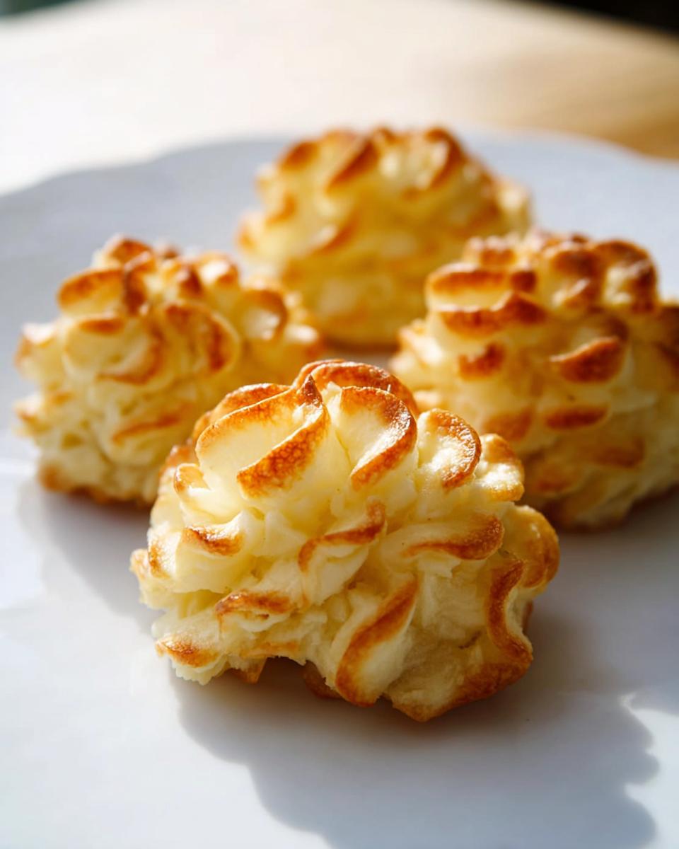 Four perfectly piped and baked Duchess Potatoes showing golden brown peaks on a white plate.