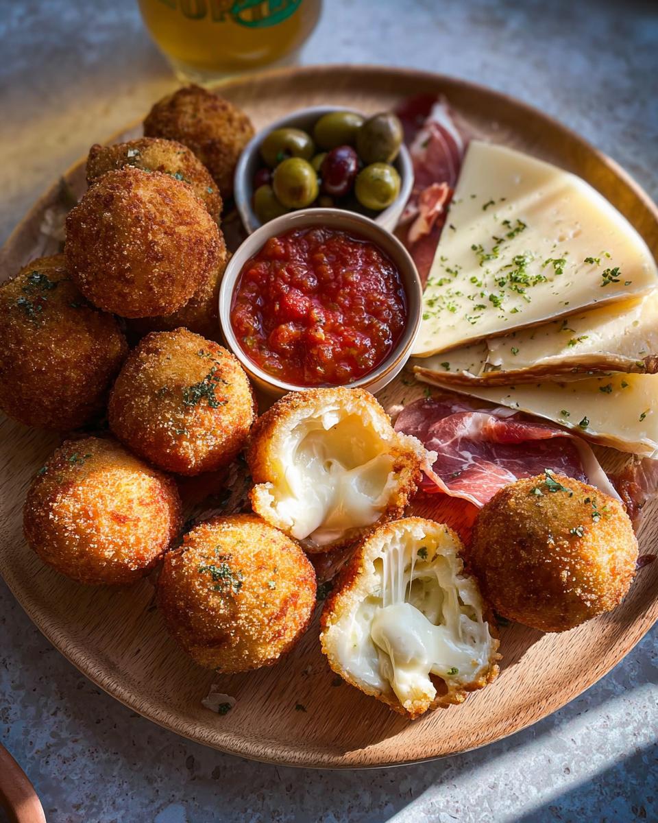 Plate of crispy fried mozzarella balls with melted cheese pull, served alongside charcuterie for an elegant New Year’s Eve Dinner Menu.