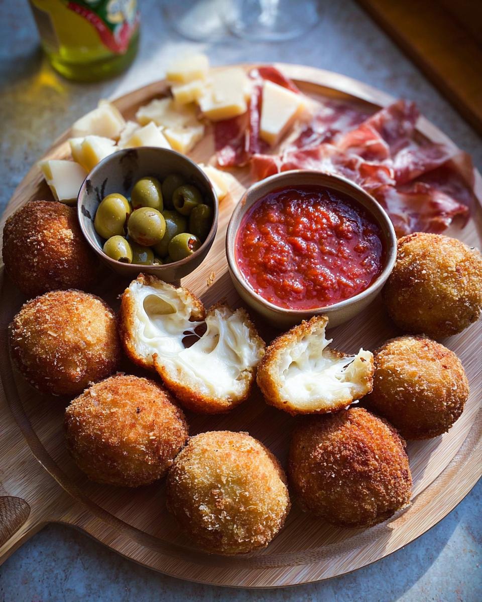 A platter featuring fried cheese balls (arancini style) with melted centers, olives, marinara sauce, and charcuterie for an elegant New Year’s Eve Dinner Menu.