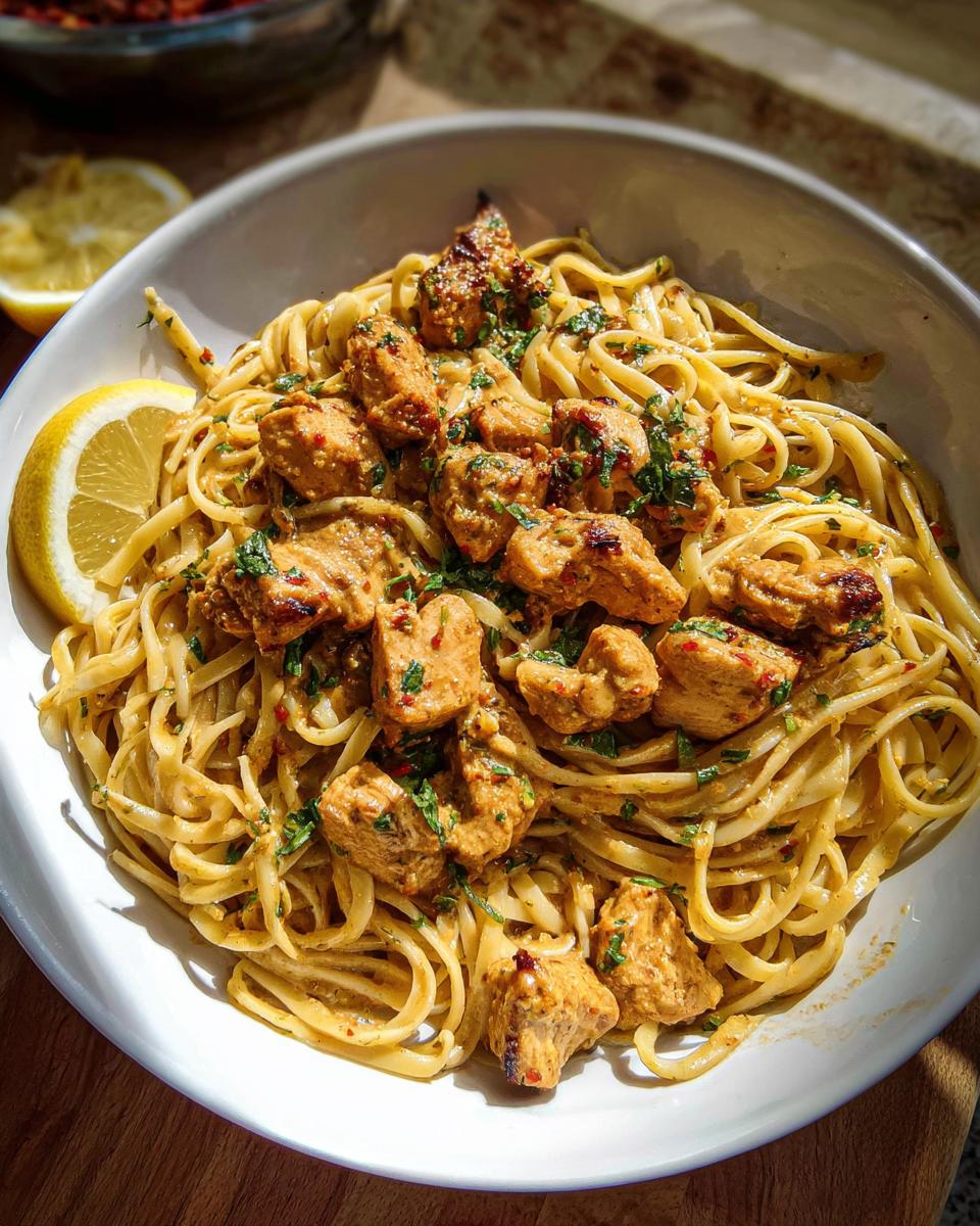 A bowl of Easy Cowboy Butter Chicken Linguine topped with seasoned chicken pieces and fresh parsley.