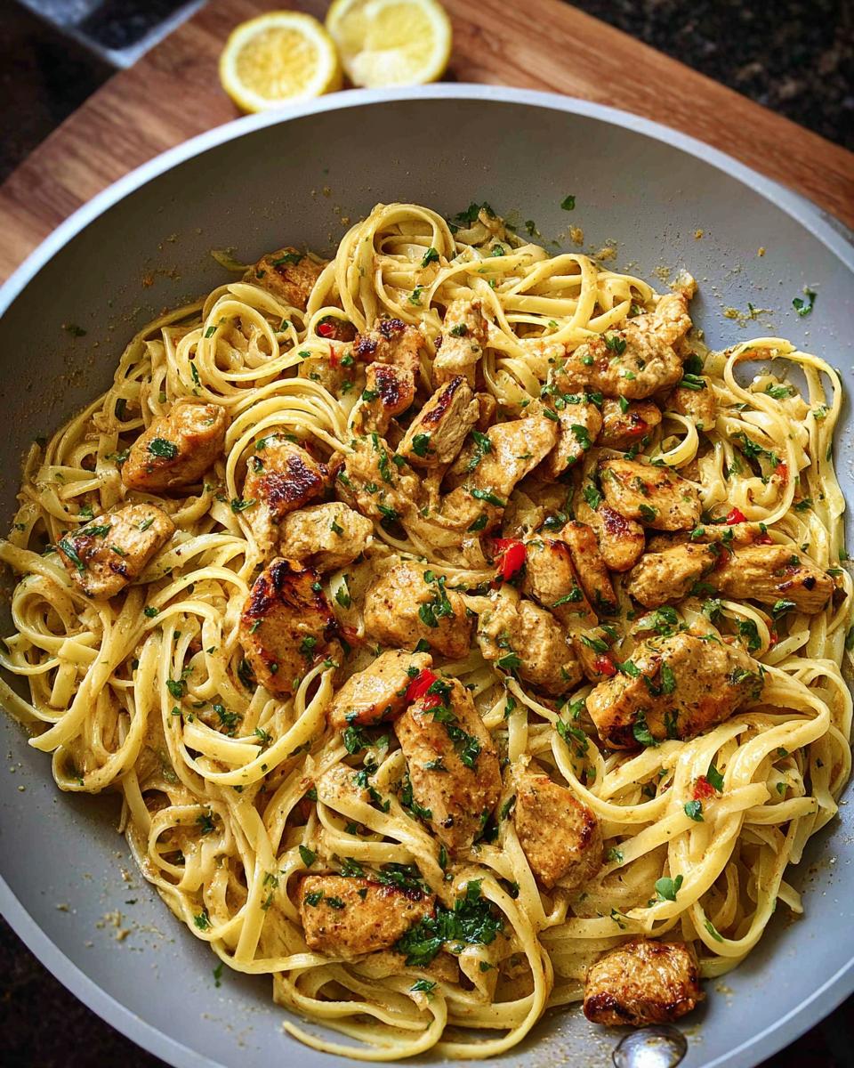 Close-up of Easy Cowboy Butter Chicken Linguine tossed in a creamy sauce with herbs in a gray skillet.