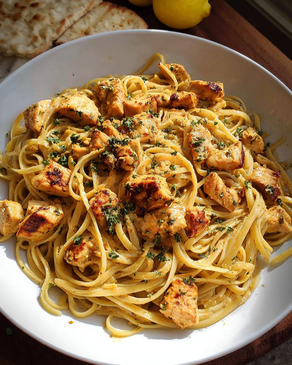 A white bowl filled with Easy Cowboy Butter Chicken Linguine, topped with grilled chicken pieces and parsley.