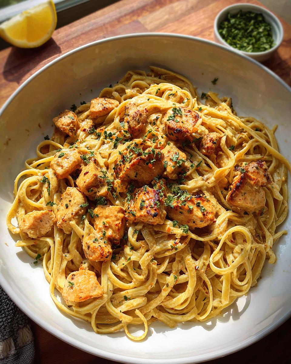 A close-up of Easy Cowboy Butter Chicken Linguine tossed in a creamy sauce and topped with seasoned chicken pieces.