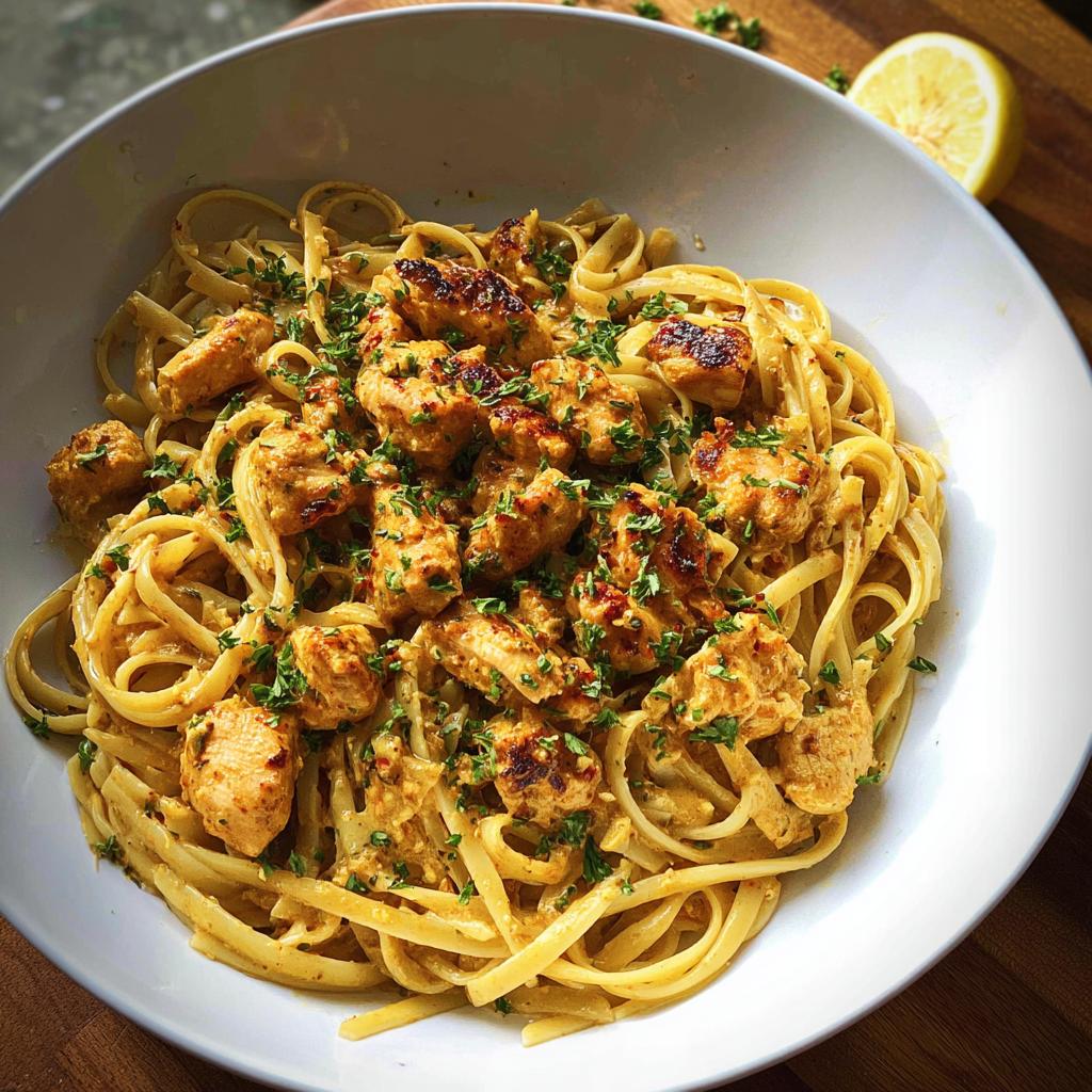 A white bowl filled with Easy Cowboy Butter Chicken Linguine, topped with chopped parsley and a lemon wedge nearby.