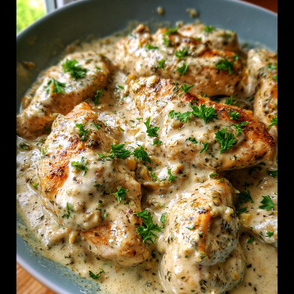 Close-up of seared chicken breasts smothered in a thick, creamy ranch sauce, garnished with fresh parsley.