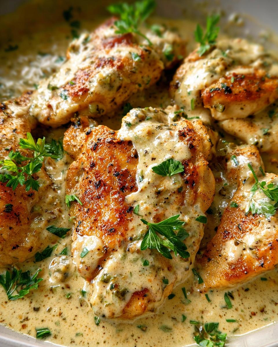 Close-up of seared chicken breasts covered in a thick, creamy ranch sauce and garnished with fresh parsley.