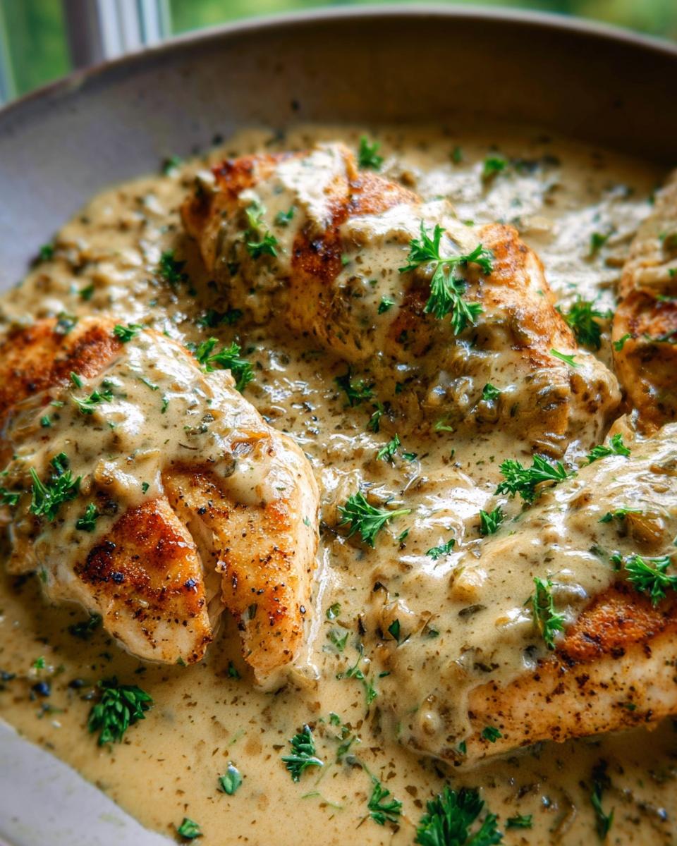 Three golden-brown chicken breasts smothered in a thick, creamy sauce speckled with herbs for the Easy Creamy Ranch Chicken Recipe.