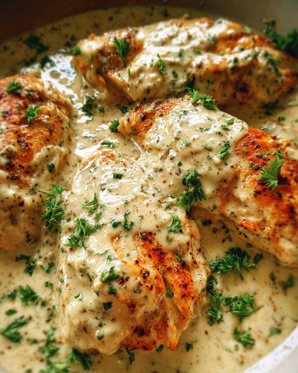 Three golden-brown chicken breasts smothered in a thick, creamy ranch sauce and garnished with fresh parsley.