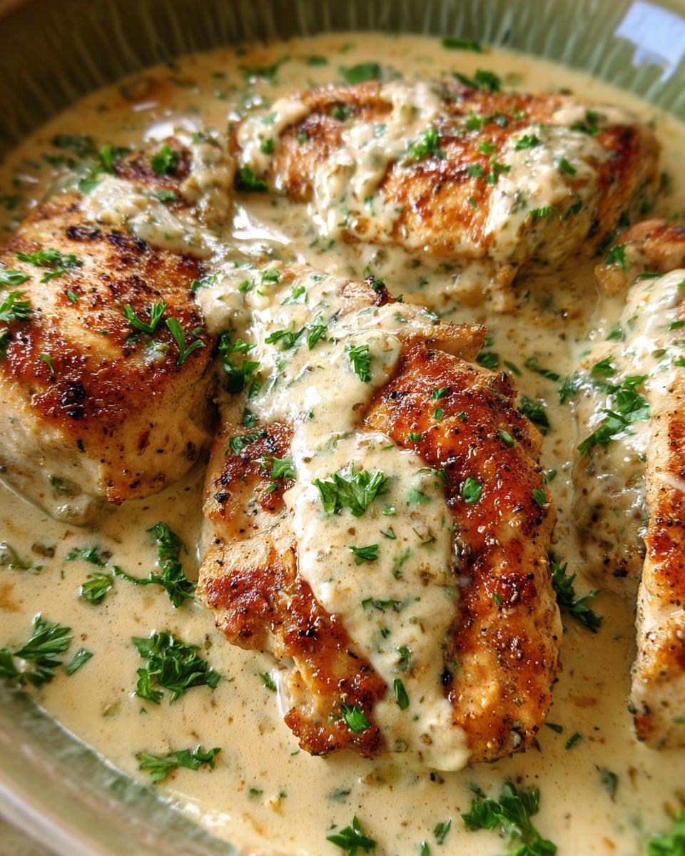 Close-up of seared chicken breasts covered in Easy Creamy Ranch Chicken Recipe sauce, garnished with parsley.