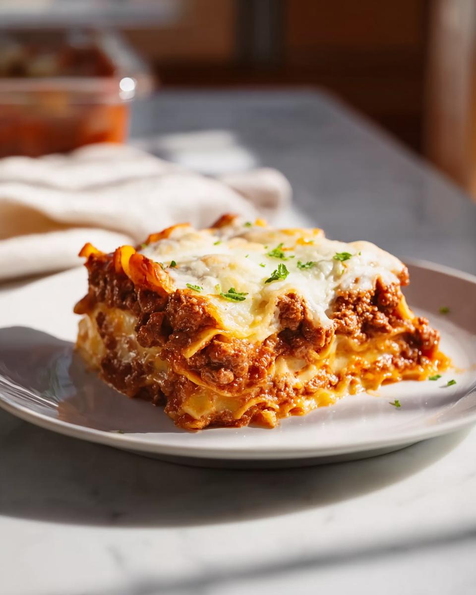 A hearty slice of Easy Lasagna Dinner for Busy Families, topped with melted cheese and parsley.