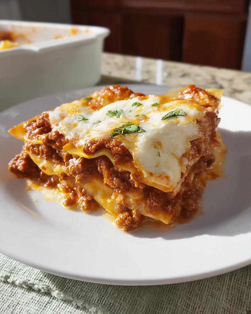 A generous slice of cheesy lasagna with meat sauce served on a white plate, perfect for an Easy Lasagna Dinner for Busy Families.