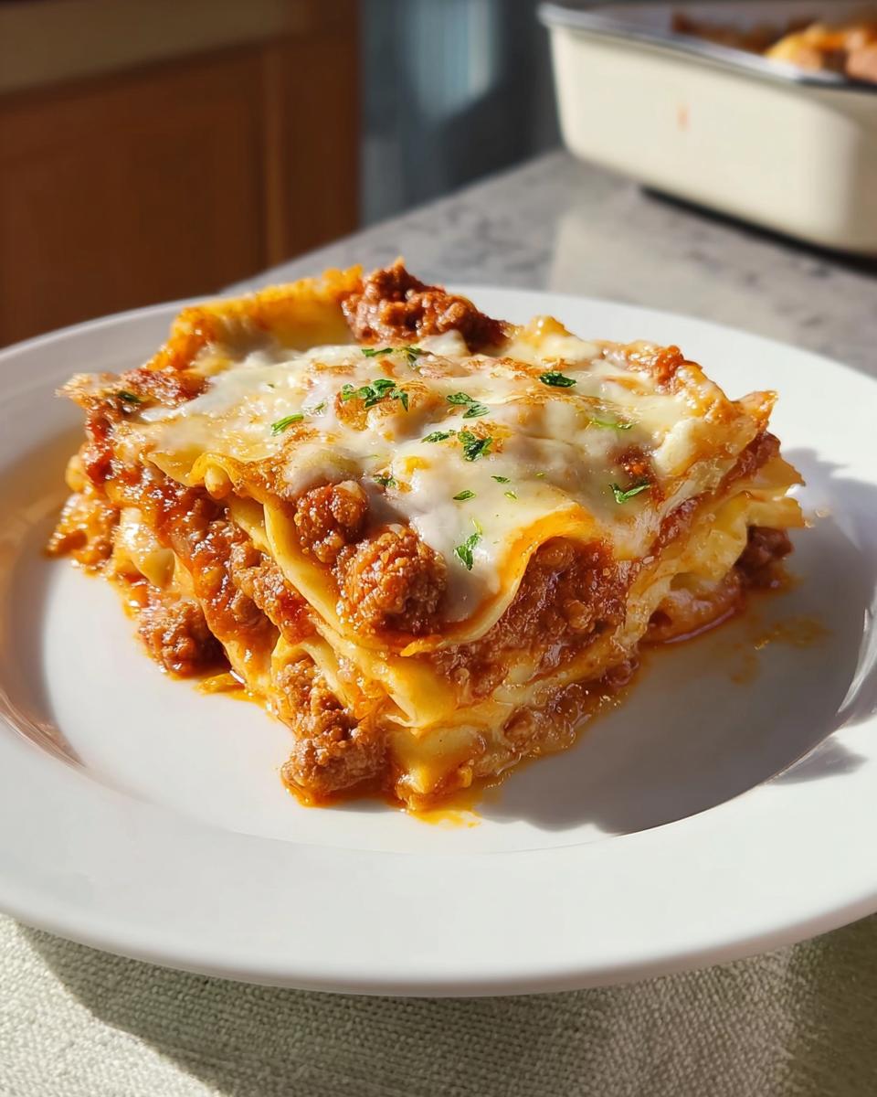 A generous slice of cheesy, meaty Easy Lasagna Dinner for Busy Families on a white plate, garnished with parsley.