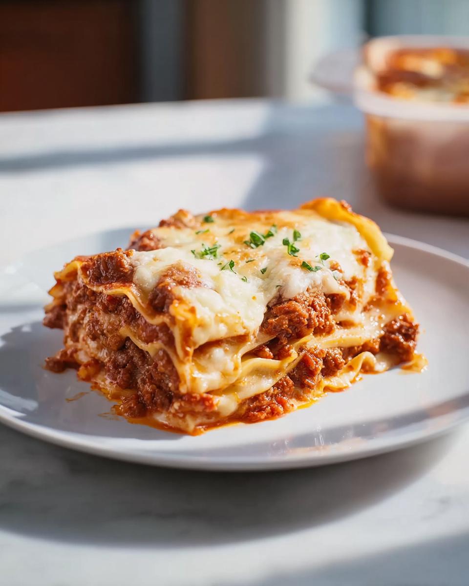 A generous slice of layered lasagna with rich meat sauce and melted cheese, perfect for an Easy Lasagna Dinner for Busy Families.