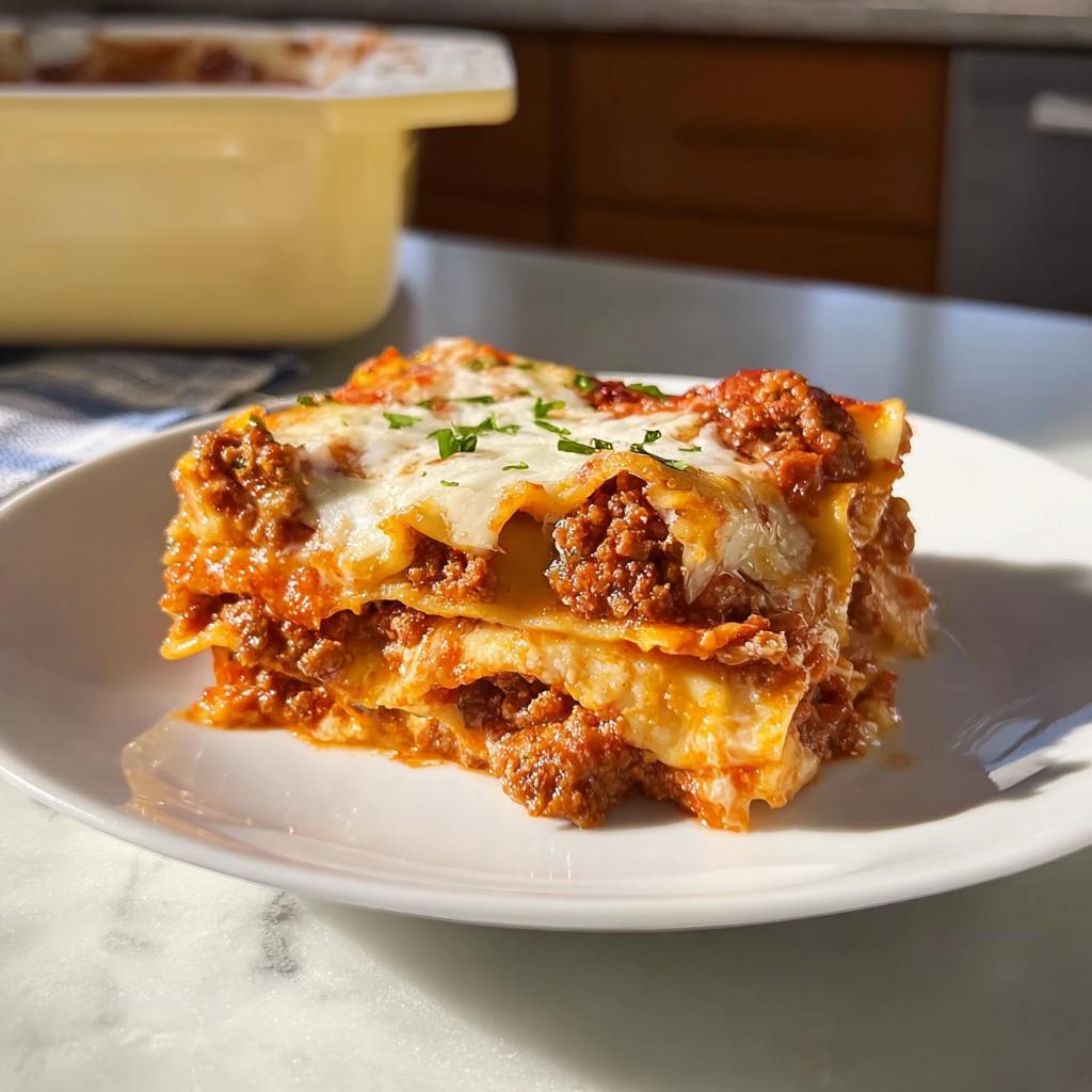 A generous slice of cheesy meat lasagna, an Easy Lasagna Dinner for Busy Families, on a white plate.