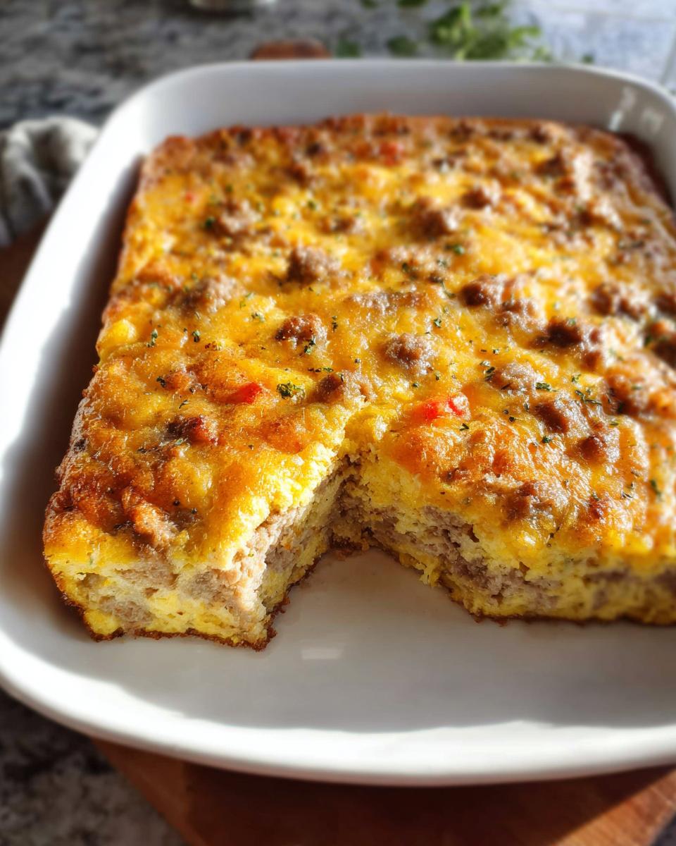 A square Easy Overnight Breakfast Casserole with sausage and melted cheese, featuring one portion removed.