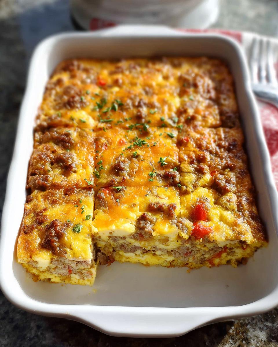 A square, baked Easy Overnight Breakfast Casserole in a white dish, showing layers of egg, sausage, and melted cheese.