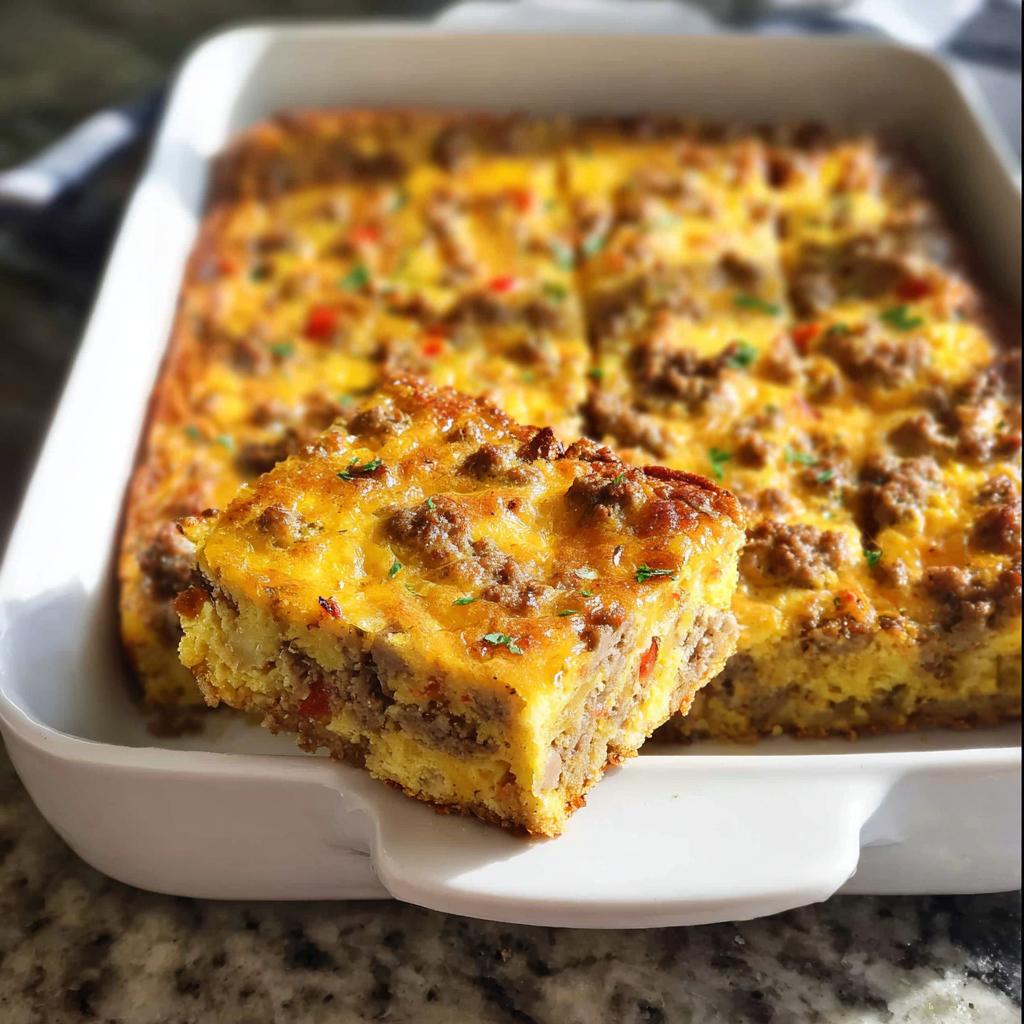 A square slice of Easy Overnight Breakfast Casserole lifted from a white baking dish, showing sausage and melted cheese.