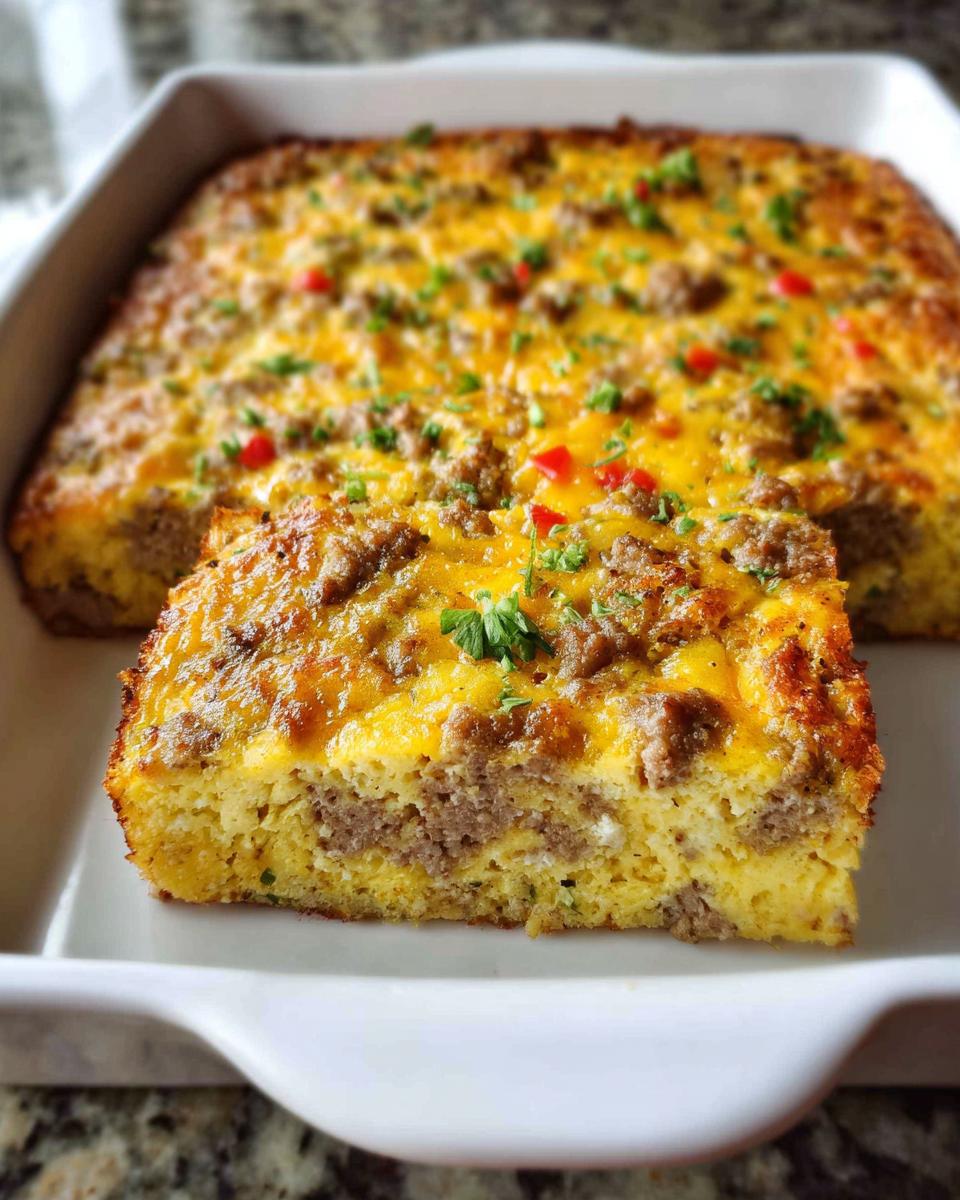 A close-up of a slice of Easy Overnight Breakfast Casserole topped with melted cheddar, sausage, and parsley.