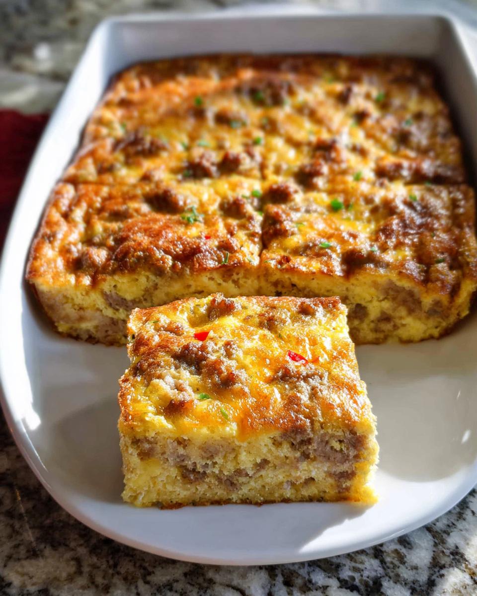 A square slice of Easy Overnight Breakfast Casserole with sausage and melted cheese on a white plate.
