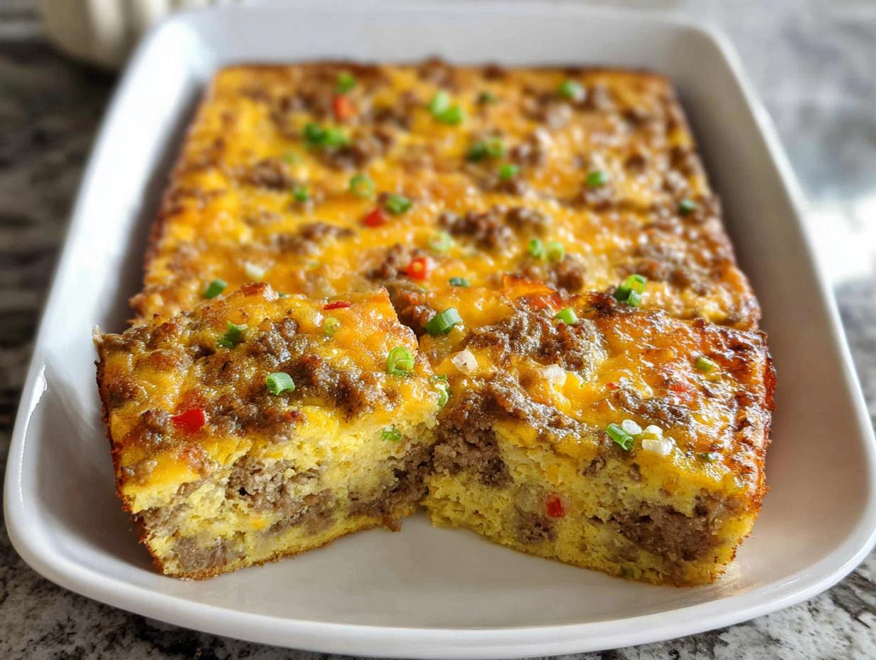 A square slice cut from an Easy Overnight Breakfast Casserole topped with melted cheese and sausage.