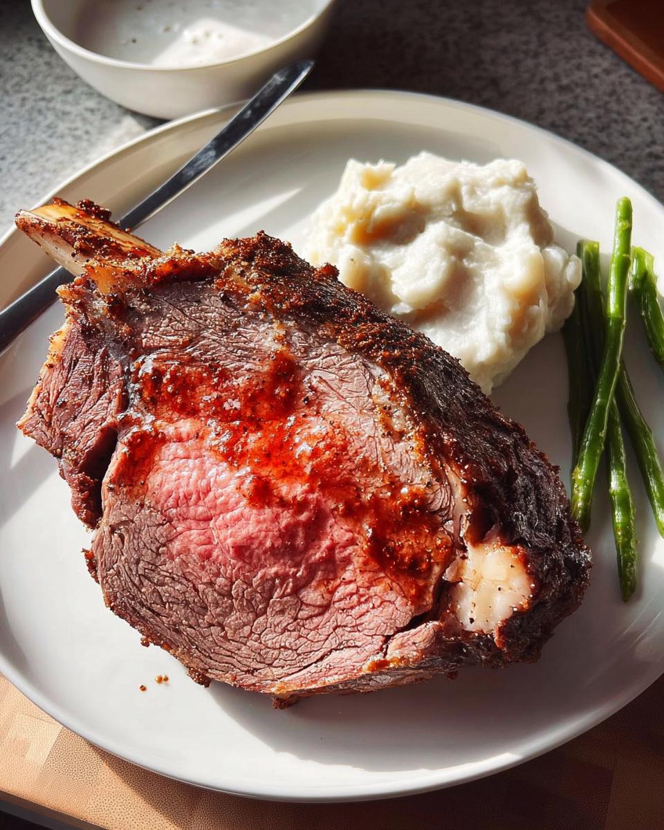 A thick slice of perfectly cooked Easy Prime Rib with a medium-rare center served with mashed potatoes and green beans.
